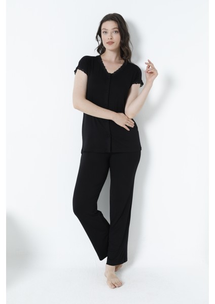 Kadın Viskon Önü Düğmeli Çıkmakol Pijama Takım C840-787