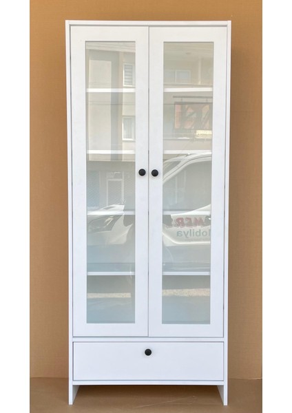 Cam Kapaklı Beyaz Çok Amaçlı Kitaplık Dolap – Çekmeceli Modern Raflı Vitrin