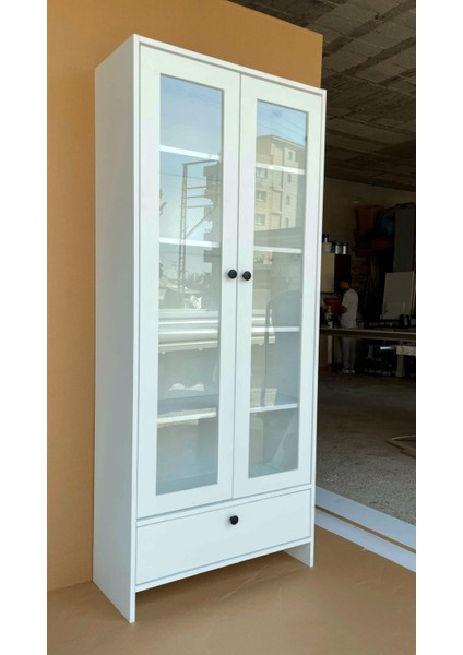 Cam Kapaklı Beyaz Çok Amaçlı Kitaplık Dolap – Çekmeceli Modern Raflı Vitrin fiyatları