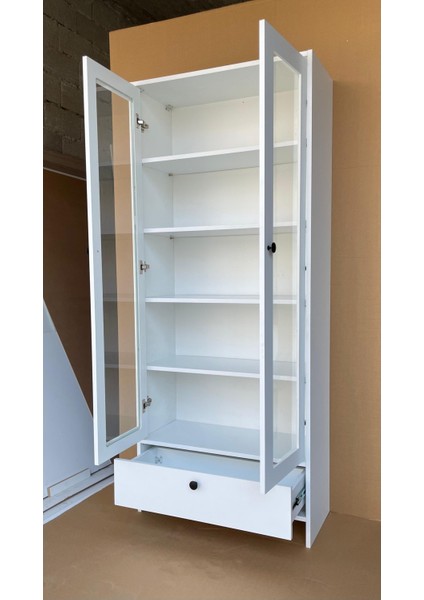 Cam Kapaklı Beyaz Çok Amaçlı Kitaplık Dolap – Çekmeceli Modern Raflı Vitrin indirimleri