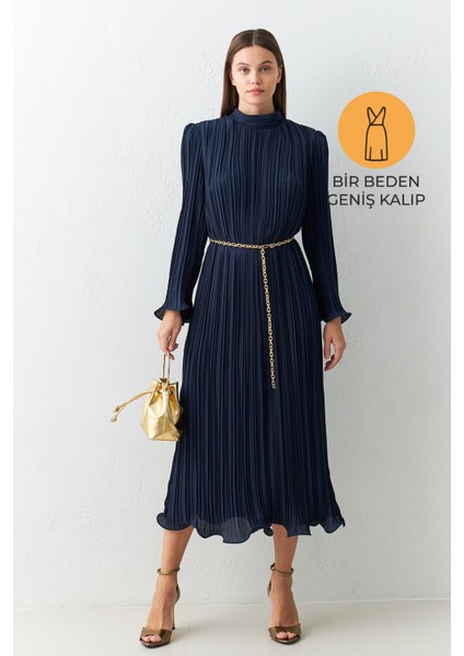 Koyu Lacivert Balıkçı Yaka Belden Kemer Detaylı Midi Boy Geniş Kalıp Elbise