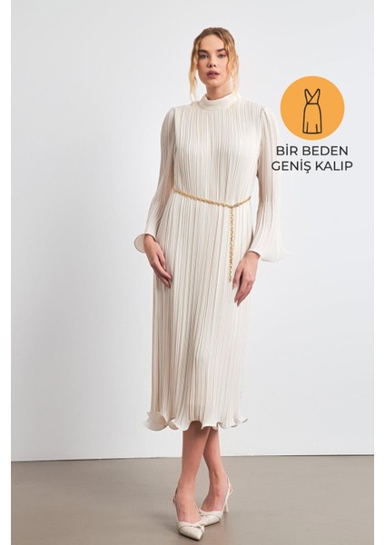 Taş Balıkçı Yaka Belden Kemer Detaylı Midi Boy Tam Kalıp Elbise
