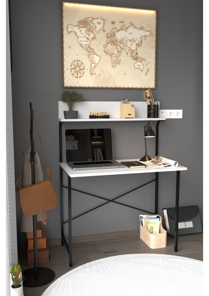 Parla Üstten Raflı Dekoratif Çalışma Masası 50X90 cm Beyaz