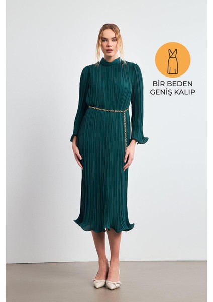 Yeşil Balıkçı Yaka Belden Kemer Detaylı Midi Boy Tam Kalıp Elbise