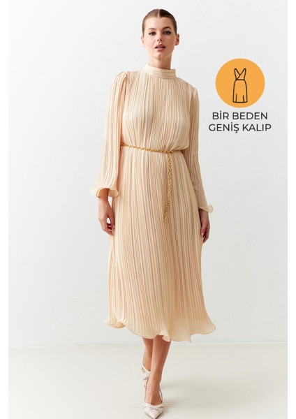 Bej Balıkçı Yaka Belden Kemer Detaylı Midi Boy Geniş Kalıp Elbise