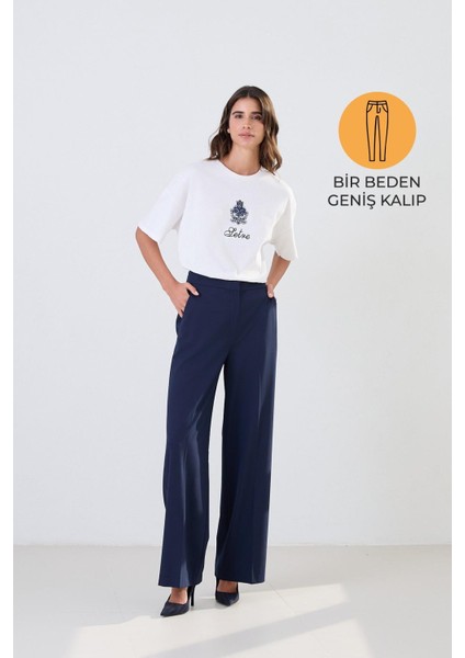 Lacivert Bel Detaylı Cepli Rahat Kesim Geniş Kalıp Pantolon