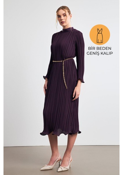 Vişne Balıkçı Yaka Belden Kemer Detaylı Midi Boy Tam Kalıp Elbise