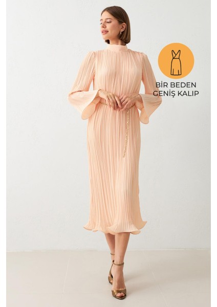 Açık Somon Balıkçı Yaka Belden Kemer Detaylı Midi Boy Tam Kalıp Elbise