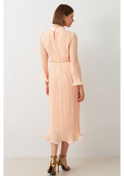 Açık Somon Balıkçı Yaka Belden Kemer Detaylı Midi Boy Tam Kalıp Elbise indirimleri