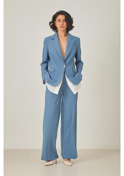 Mavi Tek Düğme ve Gömlek Detaylı Ceket