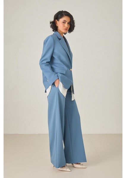 Mavi Bel Detaylı Dar Kalıp Pantolon