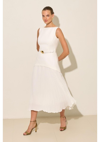 Ekru Kolsuz Belden Kemerli Dar Kalıp Kayık Yaka Elbise fiyatları