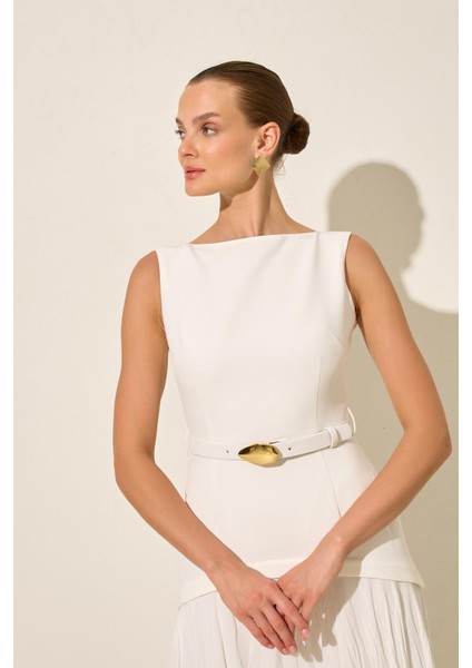 Ekru Kolsuz Belden Kemerli Dar Kalıp Kayık Yaka Elbise modelleri