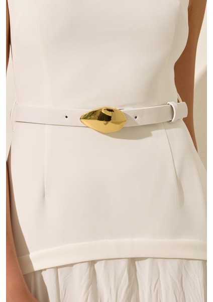 Ekru Kolsuz Belden Kemerli Dar Kalıp Kayık Yaka Elbise fırsatları