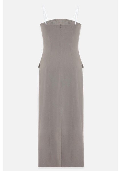 Olive Ince Askılı Yaka ve Cep Detaylı Midi Boy Elbise fiyatları