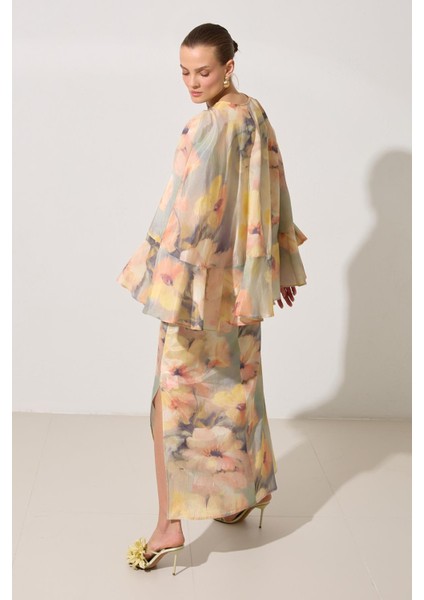 Mint Pelerin Detaylı Desenli Midi Boy Elbise fiyatları