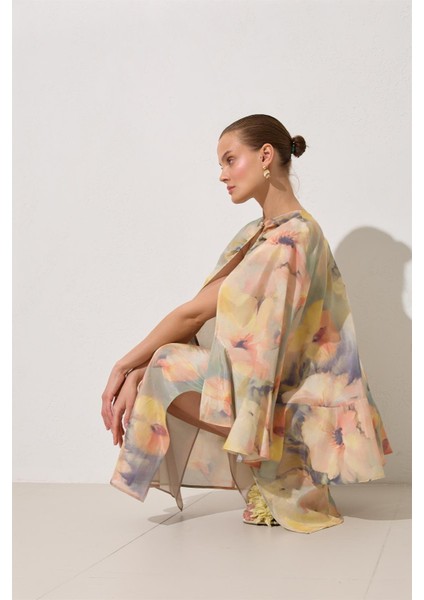 Mint Pelerin Detaylı Desenli Midi Boy Elbise modelleri