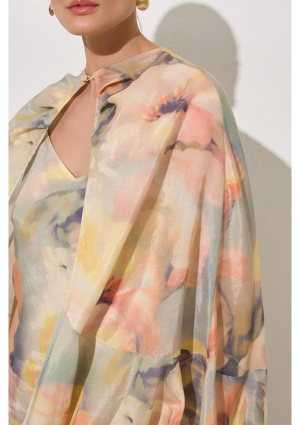 Mint Pelerin Detaylı Desenli Midi Boy Elbise fırsatları