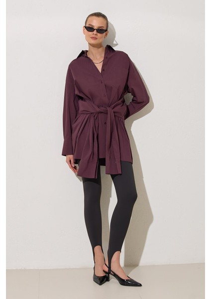 Bordo %100 Pamuklu Belden Bağlama Detaylı Uzun Kollu Gömlek