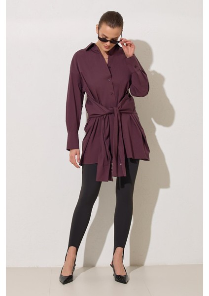 Bordo %100 Pamuklu Belden Bağlama Detaylı Uzun Kollu Gömlek modelleri