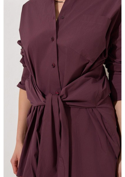 Bordo %100 Pamuklu Belden Bağlama Detaylı Uzun Kollu Gömlek fırsatları