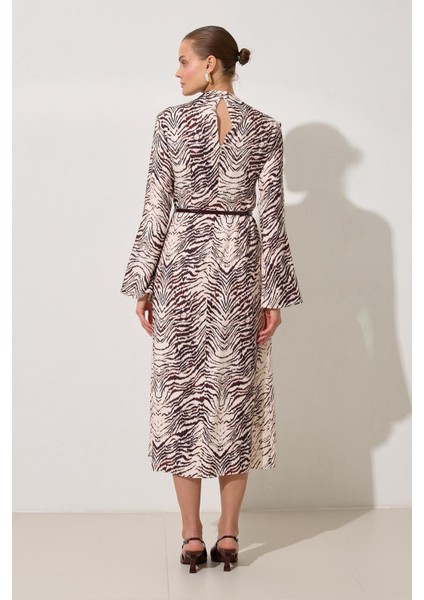 Ekru-Bordo Belden Kemer Detaylı Uzun Kollu Desenli Midi Boy Elbise fiyatları