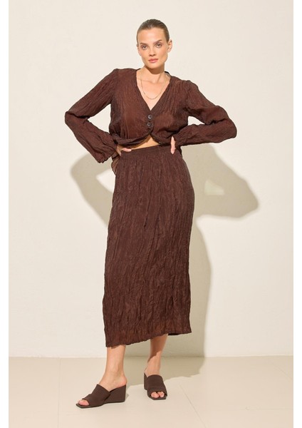 Acı-Kahve V Yaka Rahat Kesim Tam Kalıp Uzun Kollu Bluz