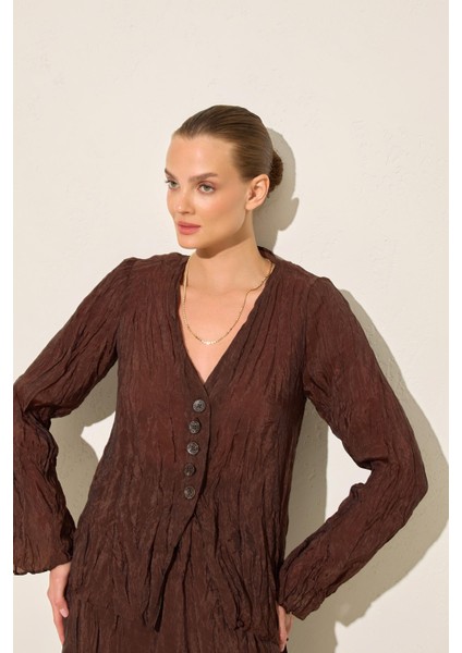 Acı-Kahve V Yaka Rahat Kesim Tam Kalıp Uzun Kollu Bluz modelleri