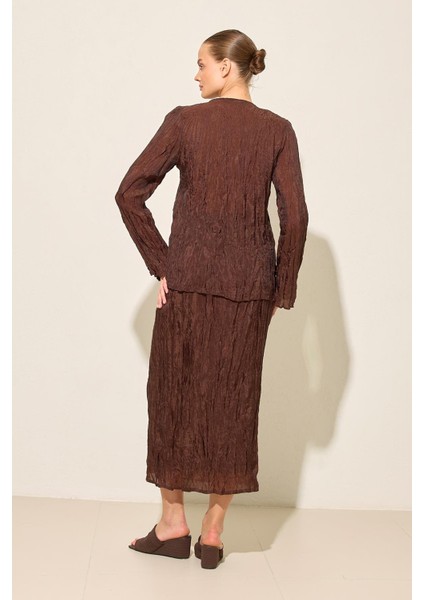 Acı-Kahve V Yaka Rahat Kesim Tam Kalıp Uzun Kollu Bluz fırsatları