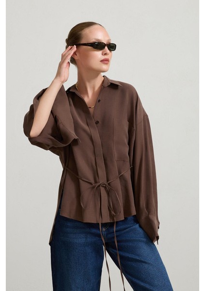 Kahve Belden Kuşak ve Cep Detaylı Gömlek fiyatları