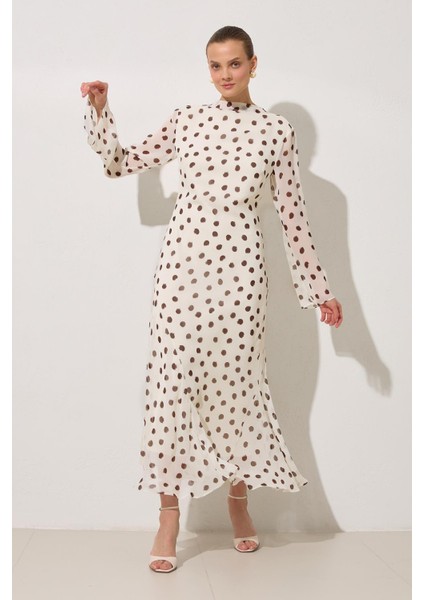 Ekru-Kahve Belden Oturtmalı Yaka ve Kol Detaylı Puantiyeli Elbise fiyatları