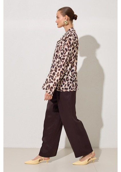 Krem - Acı Kahve Leopar Desenli Uzun Kollu Rahat Kesim Gömlek fiyatları