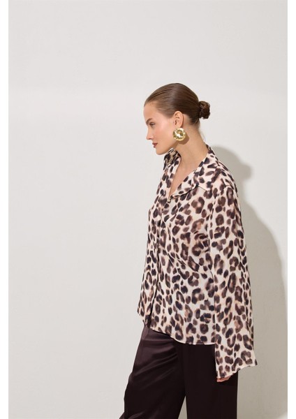 Krem - Acı Kahve Leopar Desenli Uzun Kollu Rahat Kesim Gömlek modelleri
