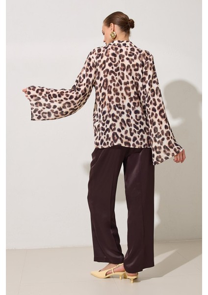 Krem - Acı Kahve Leopar Desenli Uzun Kollu Rahat Kesim Gömlek fırsatları