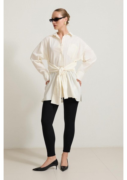 Krem %100 Pamuklu Belden Bağlama Detaylı Uzun Kollu Gömlek