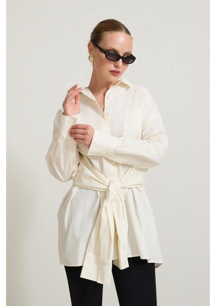 Krem %100 Pamuklu Belden Bağlama Detaylı Uzun Kollu Gömlek fiyatları