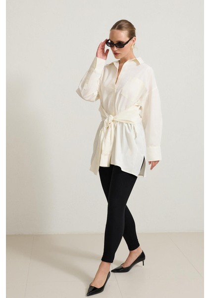 Krem %100 Pamuklu Belden Bağlama Detaylı Uzun Kollu Gömlek modelleri