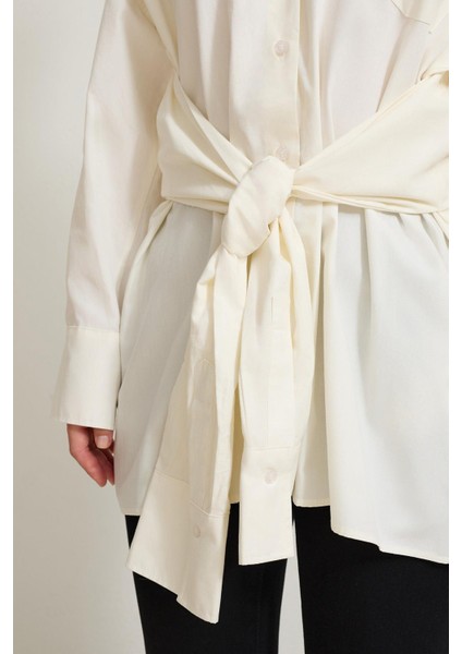 Krem %100 Pamuklu Belden Bağlama Detaylı Uzun Kollu Gömlek fırsatları