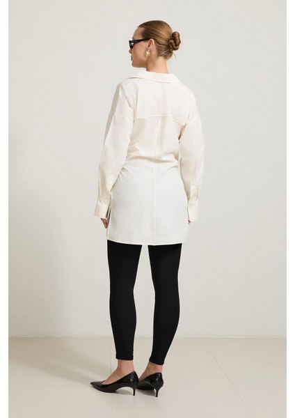 Krem %100 Pamuklu Belden Bağlama Detaylı Uzun Kollu Gömlek indirimleri