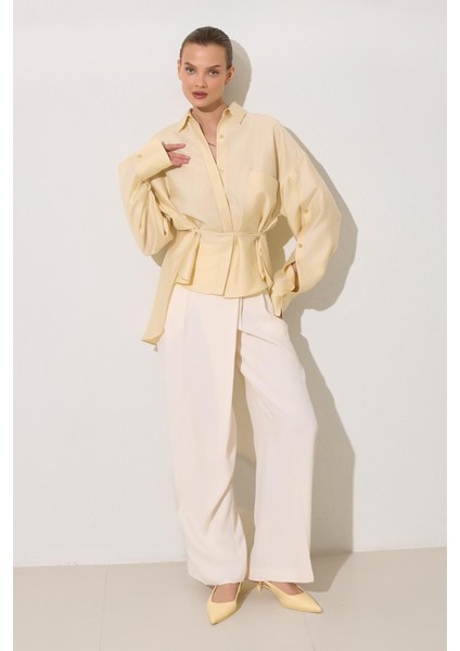 Tereyağ Sarısı Belden Kuşak ve Cep Detaylı Gömlek