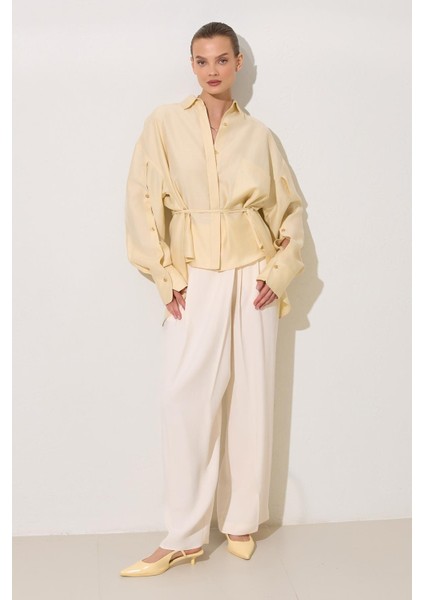 Tereyağ Sarısı Belden Kuşak ve Cep Detaylı Gömlek fiyatları