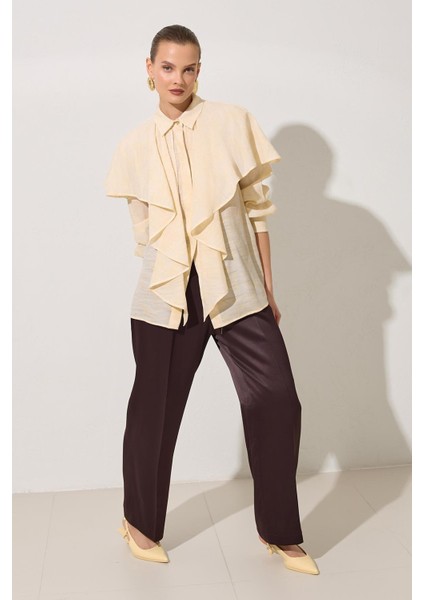 Krem Dökümlü Rahat Kesim Uzun Kollu Gömlek