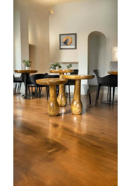 Dekoratif Ahşap Mantar Sehpa 3’lü Set – Tütün Renk Masif Zigon ve Fiskos Model