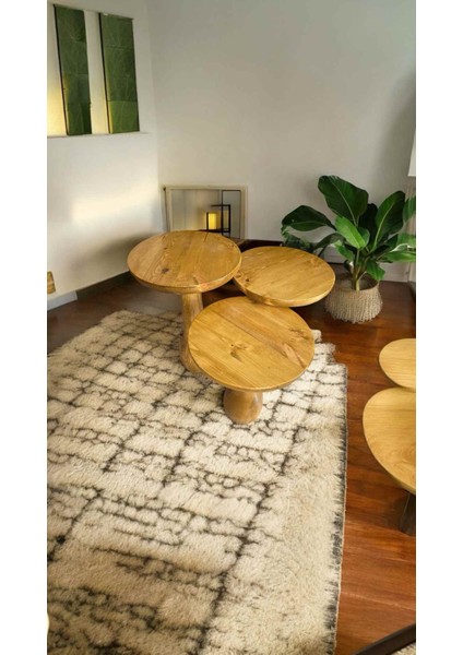 Dekoratif Ahşap Mantar Sehpa 3’lü Set – Tütün Renk Masif Zigon ve Fiskos Model modelleri