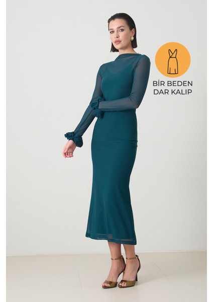 Yeşil Dar Kalıp Transparan Ve Kol Detaylı Midi Boy Elbise