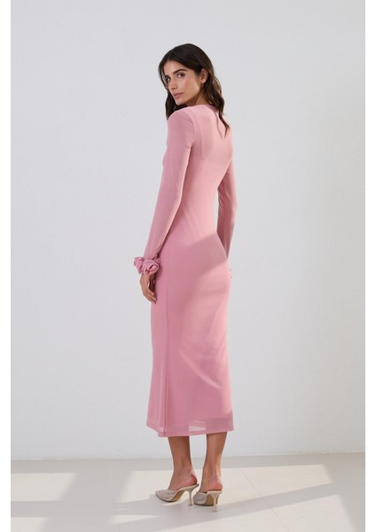 Pembe Dar Kalıp Transparan Ve Kol Detaylı Midi Boy Elbise indirimleri