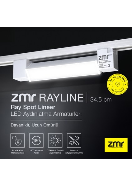 Rayline Opak Beyaz 20W 34.5 cm 6500K Crı 90 Pratik Kilit Mekanizması Ray Spot Lineer LED Aydınlatma