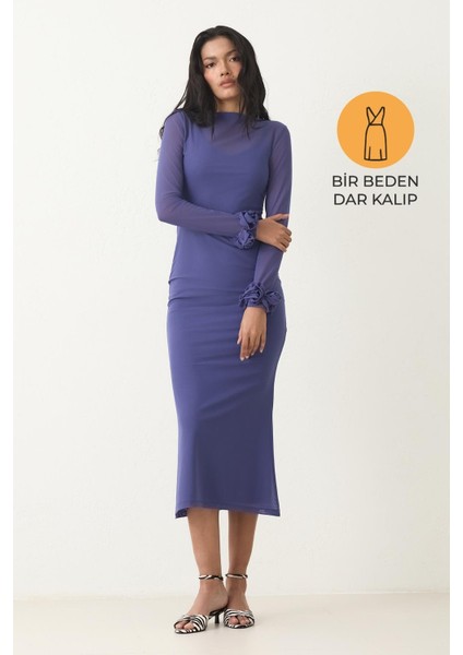 Violet Dar Kalıp Transparan Ve Kol Detaylı Midi Boy Elbise