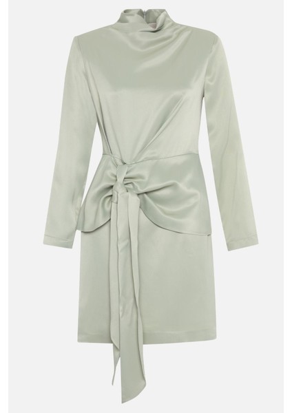 Nil Yeşili Bağlama Detaylı Balıkçı Yaka Uzun Kollu Mini Elbise modelleri