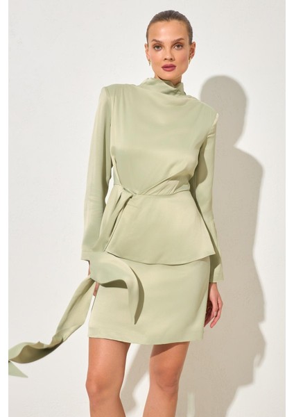 Nil Yeşili Bağlama Detaylı Balıkçı Yaka Uzun Kollu Mini Elbise indirimleri